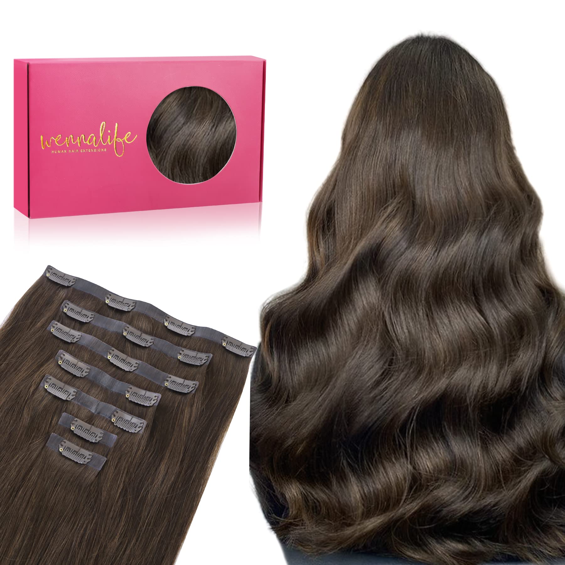 WENNALIFE Seamless Clip In Hair Extensions, 16 Inch 7pcs 130g Light Dark Brown Hair Extensions Clip In Real Human Hair Extensions Clip In Invisible PU Skin Weft Natural Remy Human Hair Extensions — image 1