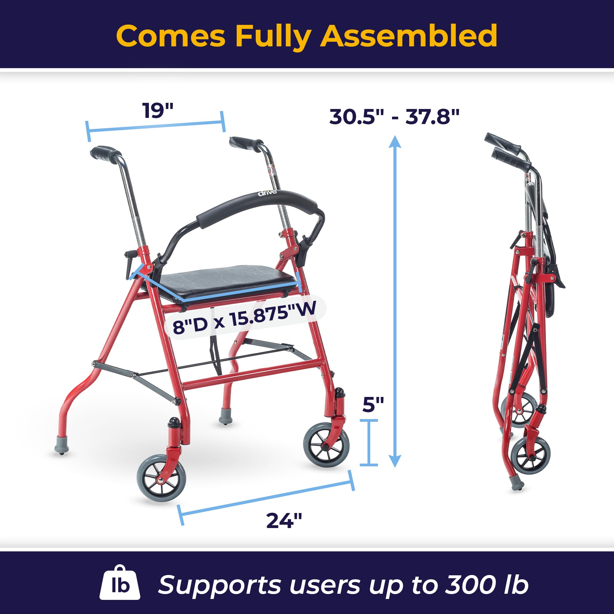 Drive Medical 1239RD Foldable Rollator Walker with Seat, Red, 1 Count (Pack of 1)