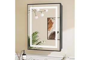 TETOTE Black Led Bathroom Medicine Cabinet with Mirror 20 x 26 Recessed or Surface Mount Metal Framed Lighted Medicine Cabinet, Tempered Glass, 3 Color Dimming, Anti-Fog, 2 Outlets, Adjustable Shelf