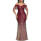 Cololura Women Sexy Sequin Tassel Off Shoulder Halter Bodycon Formal Party Evening Gown Maxi Dress