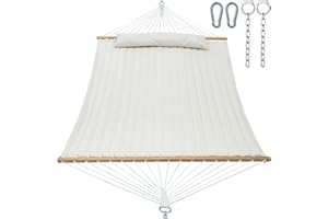 Gafete Double Quilted Fabric Hammock with Spreader Bar, Fit 12-14ft Hammock Stand, 2 Person 14ft Hammocks for Outside, Large Removable Pillow Storage Bag, Carabiners, Max 475 lbs Capacity (Beige)