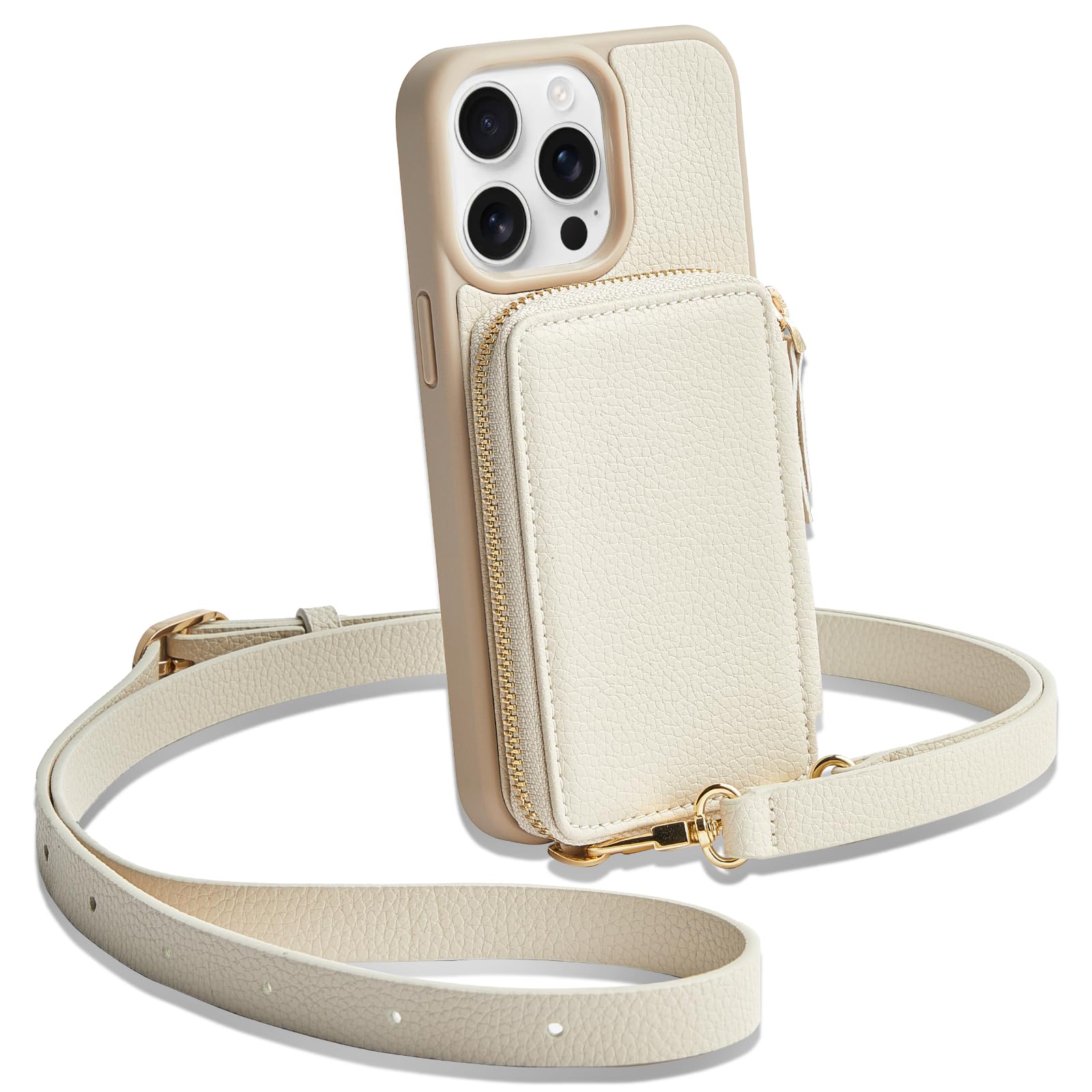 Photo 1 of ZVE for iPhone 13 Pro Wallet Case, Zipper Leather Crossbody Phone Case with RFID Blocking Card Holder Wrist Strap Purse Cover for Women Compatible with iPhone 13 Pro (6.1 inch, 2021)- Beige