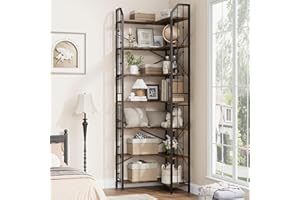 JoanKaren 86" Industrial l-Shaped Corner Bookshelf, 7-Tier Tall Bookcase with Beaded Design, Large Display Shelf for Living R