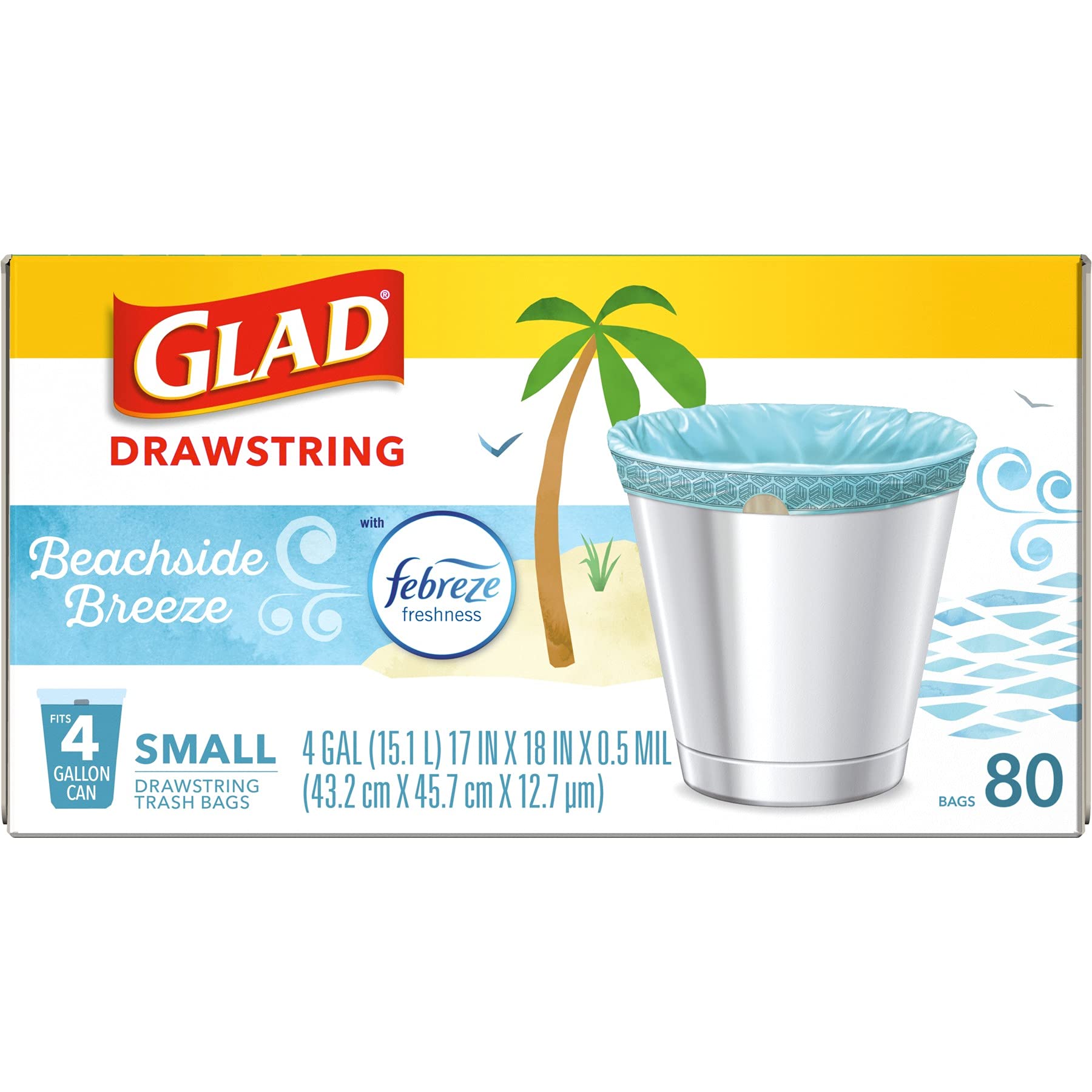 Glad Small Trash Bags 4 Gallon, Febreze Beachside Breeze Garbage Bags, Odor Resistant with Drawstring, 80 Count