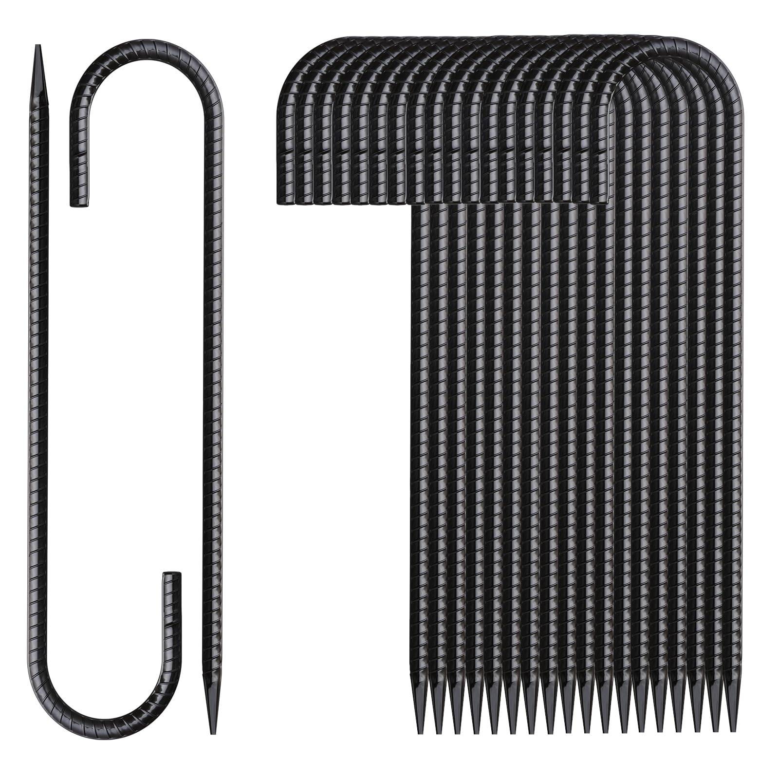 Photo 1 of MSWY Rebar Stakes 16 Inch 20 Pack J Hook Ground Stakes Heavy Duty Tent Stakes Chain Link Fence Stakes with Chisel Point End Galvanized Steel Ground Anchors Metal Spikes Black Coated