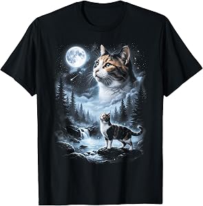 Calico Cat Howling at Moon 90's Retro T-Shirt