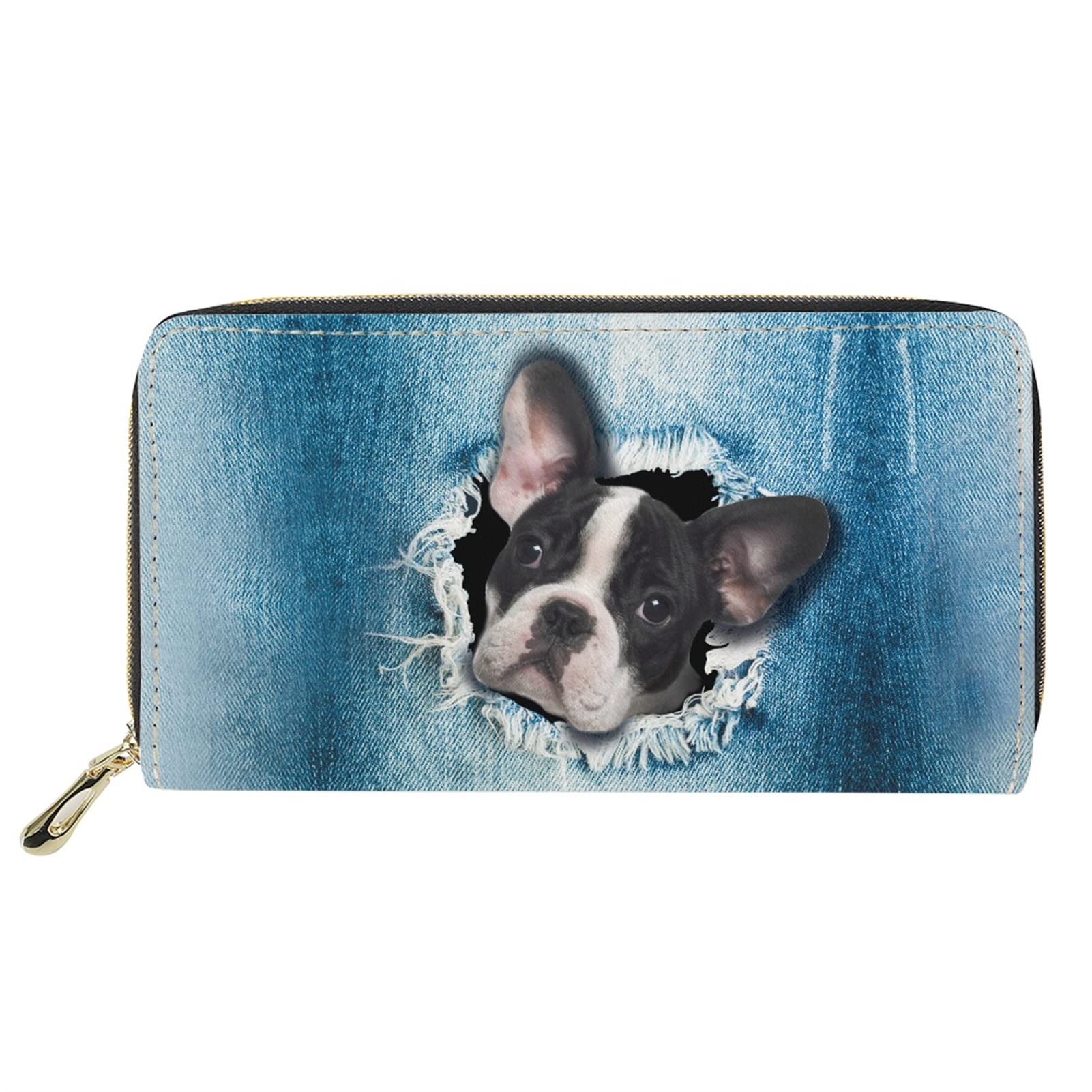 Dolyues Women pu Leather Long Wallet,Cute 3D Animal Boston Terrier Dog Pattern Purse with Zipped,Multifunction Cash Bag with Coin Bag