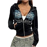 Milumia Women's Gothic Graphic Zip Up Crop Hoodies Velvet Rhinestone Sweatshirt Jackets