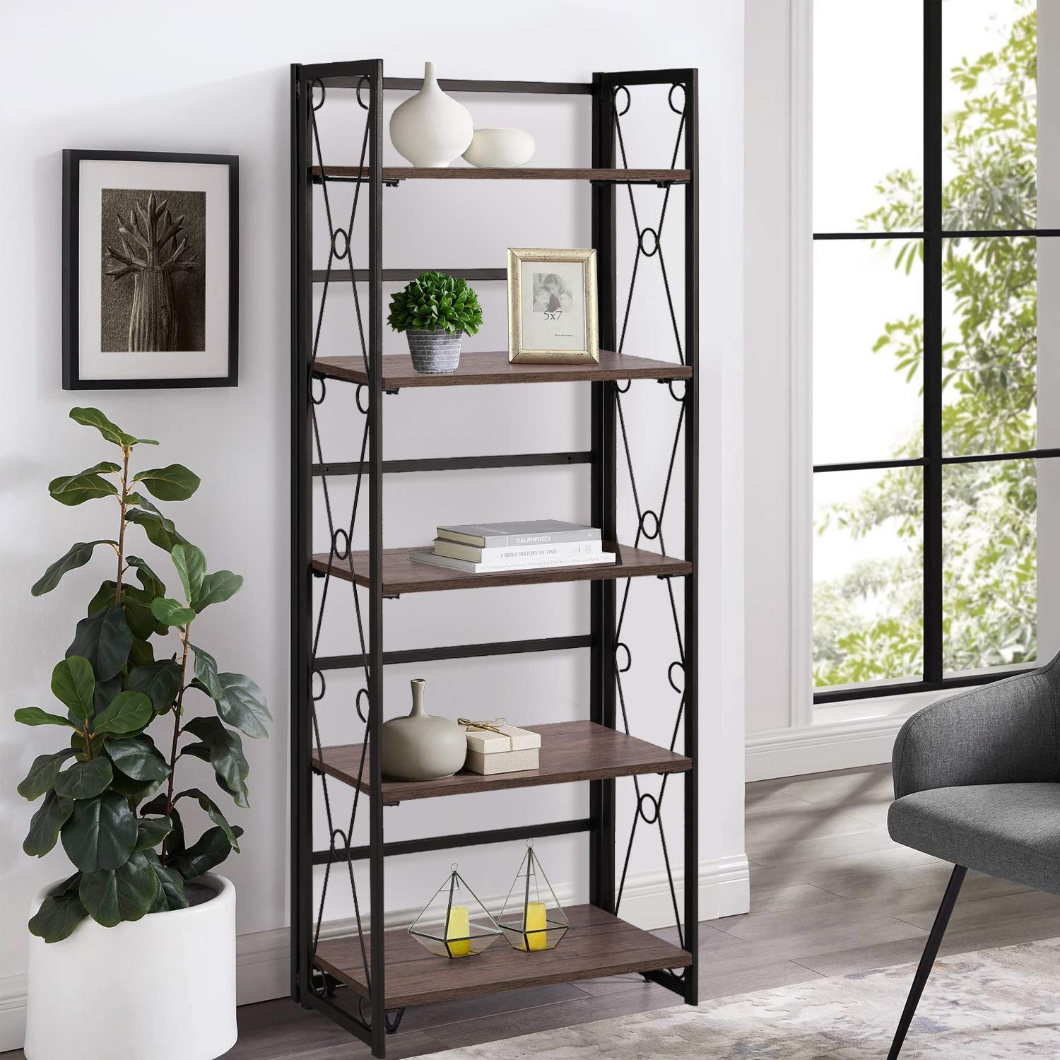 VECELO 5 Shelf Bookcase,No-Assembly Folding-Bookshelf,Upgrade Industrial Standing Racks Study Organizer with Metal Frame & Wood Layer, Brown