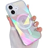 Heaofei Cute Case for iPhone 16 Plus Case for Women Girls [ Compatible with Magsafe ] Clear Glitter Girly Aesthetic Rainbow Sparkly Bling Magnetic Phone Cover, Iridescent Geometry