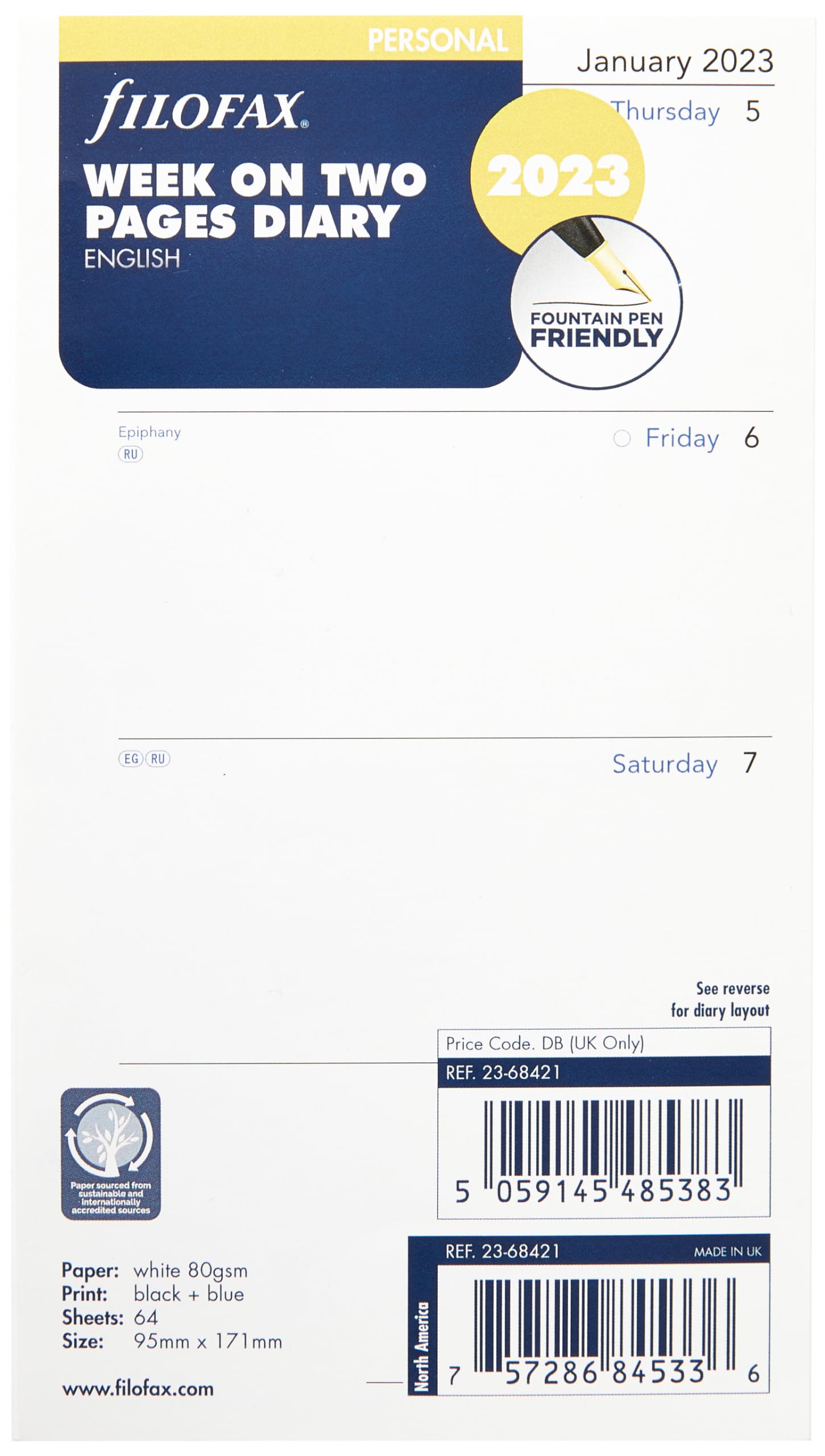 Filofax Personal Week on Two Pages English 2023 Diary,White