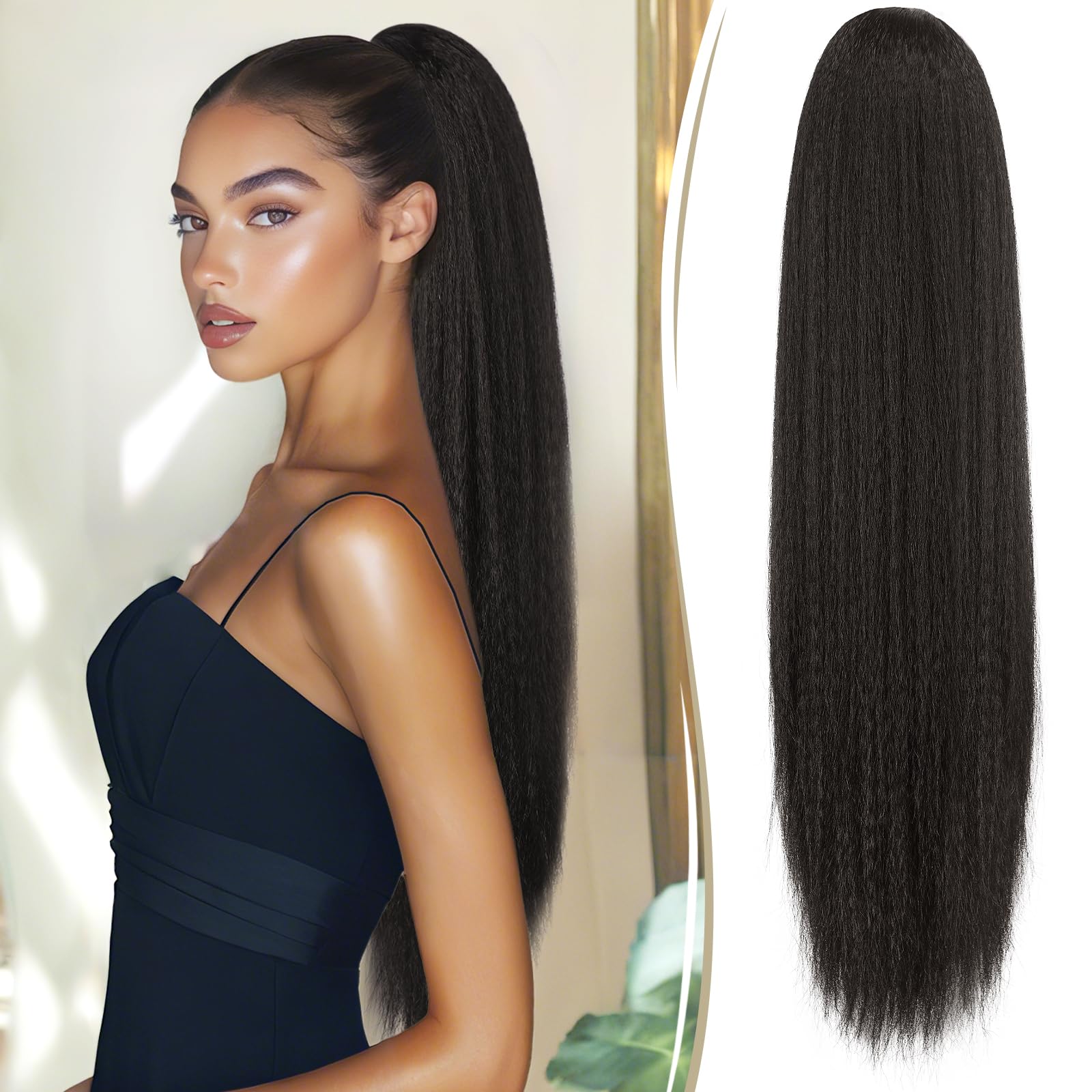 RUWISS Yaki Straight Ponytail Hair Extension 26 Inch Long Thick Pony Tail Clip in Synthetic Hairpiece Black Brown