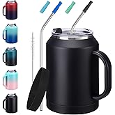 Insulated Coffee Mug 50 oz Tumbler with Handle - Metal Straws, Wide Mouth Leak-proof BPA-Free Stainless Steel Coffee Cup, Insulated Tumbler Big Travel Thermal Flask Water Bottles Keep Cold 36 Hrs