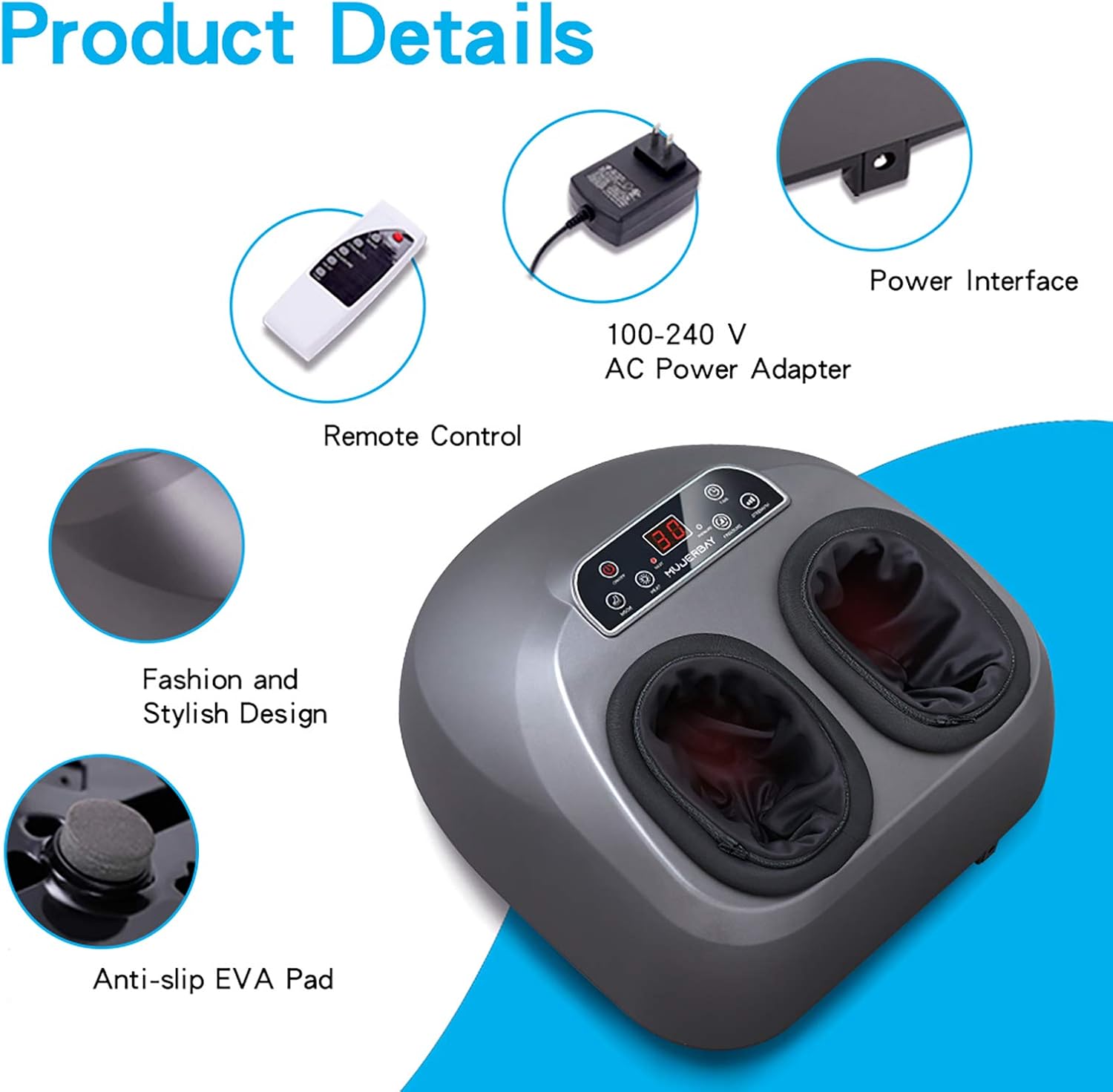 MUJERBAY Foot Massager with Heat, Shiatsu Massage Machine with Air Compression, Deep Kneading Remote Control, 5 Instensy, Relieve Pain and Improve Blood Circulation, masajeador de pies: Health & Personal Care