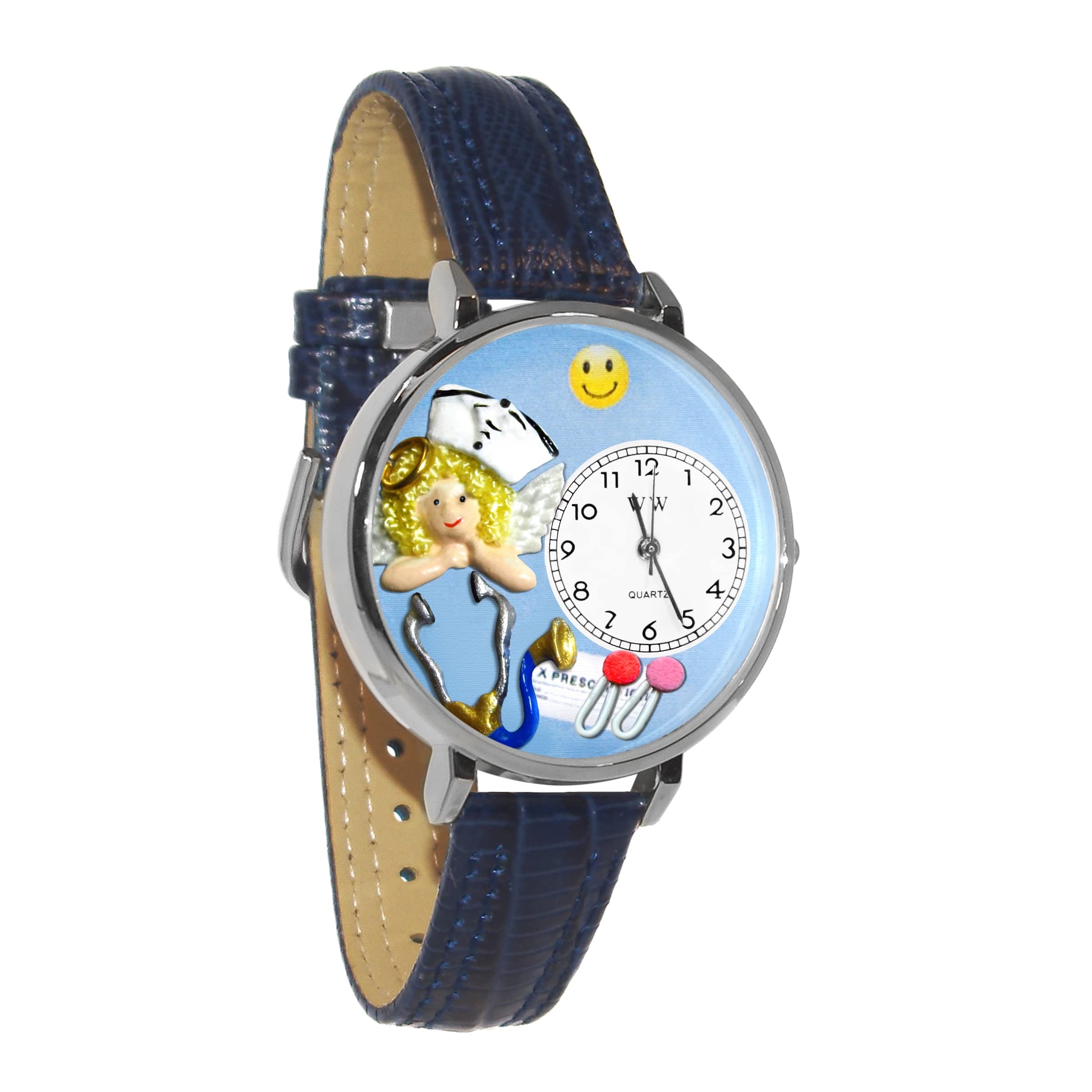 Whimsical Watches Nurse Angel Baby Blue Leather and Silvertone Unisex Quartz Watch with White Dial Analogue Display and Multicolour Leather Strap U-0620030
