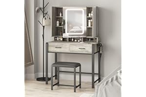 Fameill Vanity Desk with Lighted Mirror and Power Strip,Tri-Fold Mirror Makeup Vanity Table with Lights,2 Drawers Vanity Set with Hidden Storage Shelves,3 Color Lighting Modes,35.4in(L)