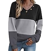 Zeagoo Women Waffle Knit Tops V Neck Long Sleeve Tunics Color Block Casual Blouse Fall Fashion 2026 Button Decor T Shirt