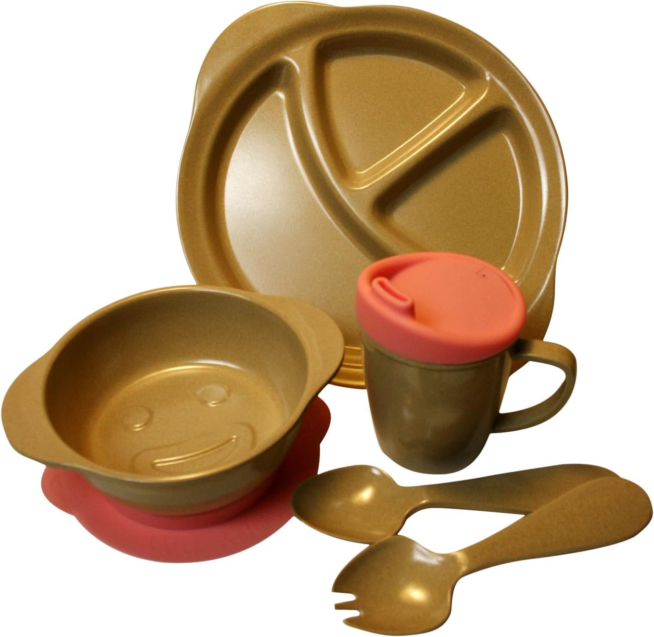Eco Friendly Childs Complete 7 Piece Dinnerware Set with Pink Silicone Bowl Base and Sippy Cup Lid