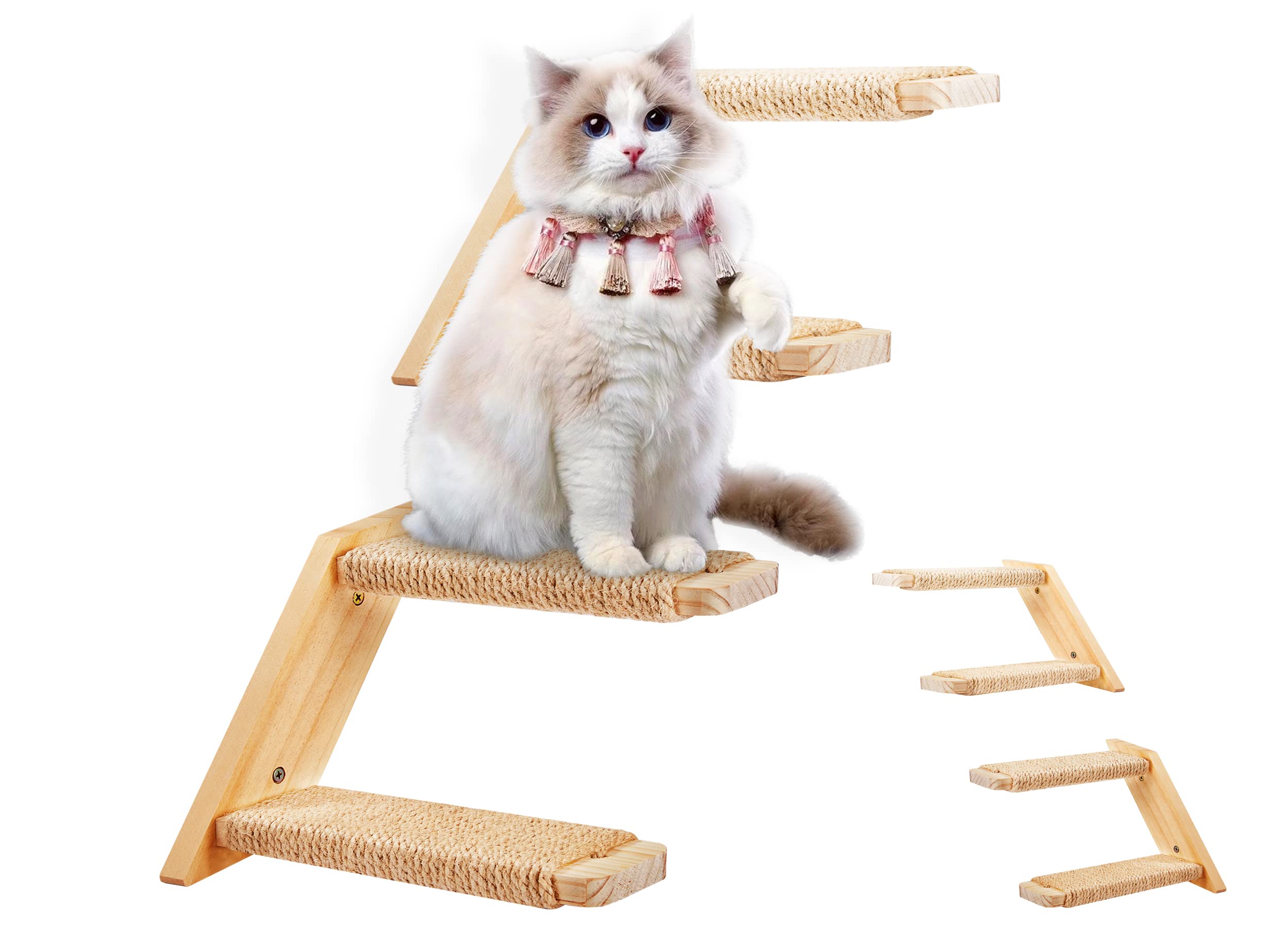Photo 1 of Cat Climbing Stair Shelf Wall Mounted Reversible Left & Right Direction, Cat Stairway Shelf for Climbing with Sisal Rope Ladder Wall Furniture