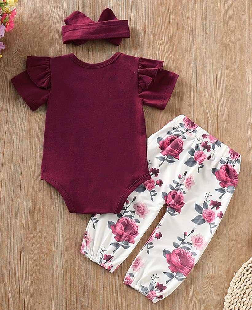 Baby Girls 3PCS Infant Toddler Clothes Romper Bodysuit Floral Halen Tops Pants Clothing Sets Headband Outfits: Clothing