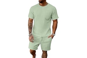 BEALIN Men's Summer Beach Outfits 2 Piece Vintage Short Sleeve T Shirts and Shorts Vacation Texture Sets for Men