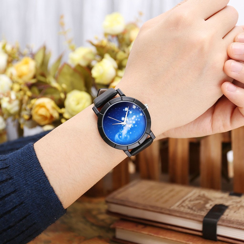 Top Plaza Amazing Starry Cosmos Womens Fashion Analog Quartz Watch With Black PU Leather Band - Starlight