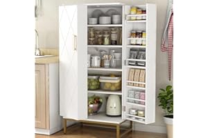 kepptory 51” Pantry Cabinets, White Freestanding Kitchen Pantry Storage Cabinet with Adjustable Shelves, Buffet Cupboards Storage Cabinet for Home Office Use, White + Gold