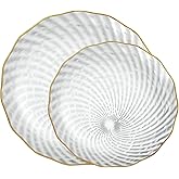 PLASTICPRO 30 Pack Plastic Plates Set of 15-10 inch Plates and 15-7 inch Plate, Elegant Clear Spiral and Gold Rim Disposable Fancy Plate Premium Heavyweight
