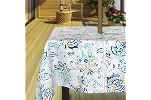 Hipinger Outdoor Tablecloth with Umbrella Hole and Zipper, Patio Table Cloth,Heavyweight Stain Resistant Waterproof,60 Inch Square, Light Floral