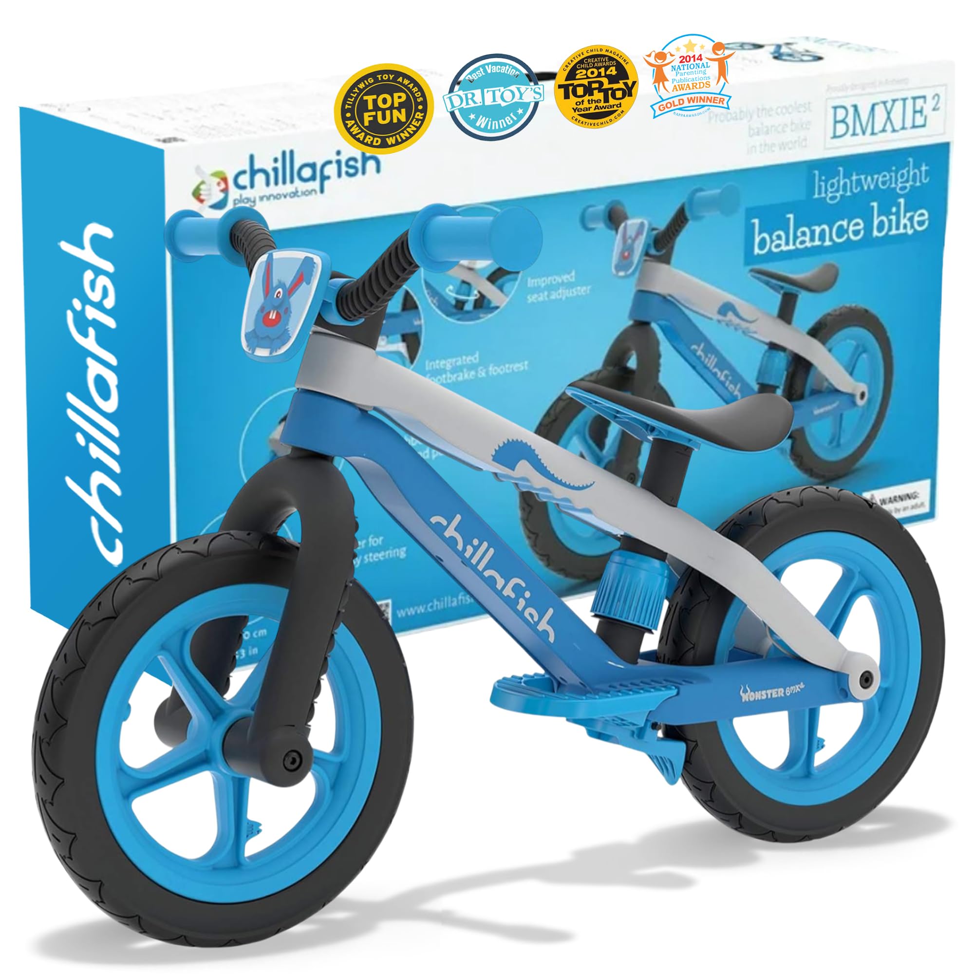 Chillafish BMXie 2 - White / Blue | Lightweight Balance Bike for Kids 2-5 |12-Inch Airless Tires & Tool-Free Adjustable Seat