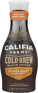 Califia Farms - Pure Black Blonde Roast Cold Brew Coffee, 48 Oz, 100% Arabica, Plant Based, Vegan, Gluten Free, Non GMO, Suga
