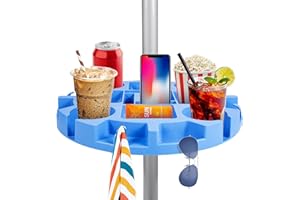 Keten 17" Beach Umbrella Table Tray with 4 Cup Holders, 4 Snack Compartments, 4 Sunglasses Holes, 4 Phone Slots, Umbrella Table for Beach, Patio, Garden, Swimming Pool