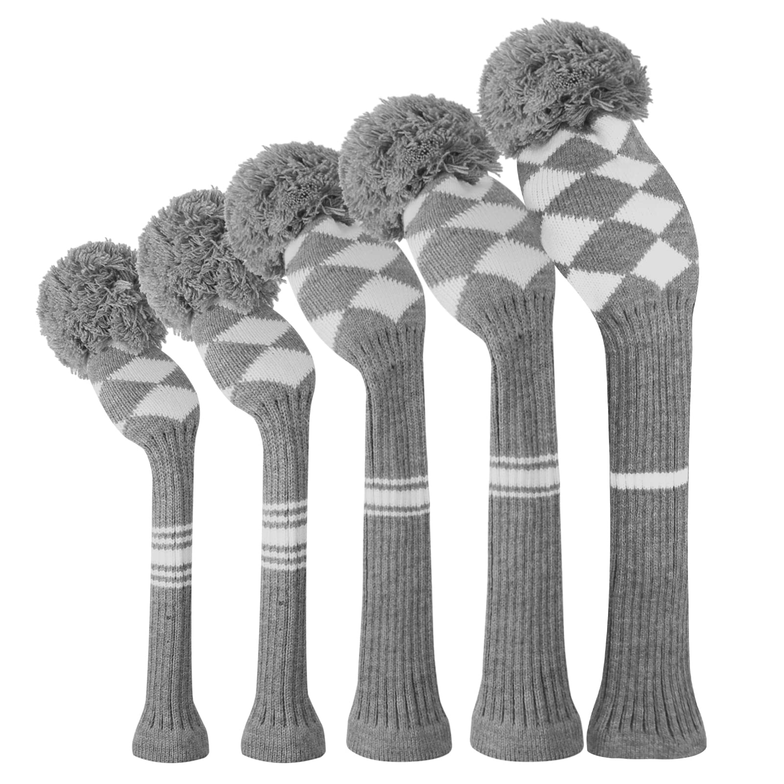 Gray Grids Golf Head Covers for Woods 5 PCS Knit Golf Club Cover Driver Cover*1 Fairway Wood*2 Hybrid (UT)*2 Stain Resistant&Washable, with Fluffy Pom Poms