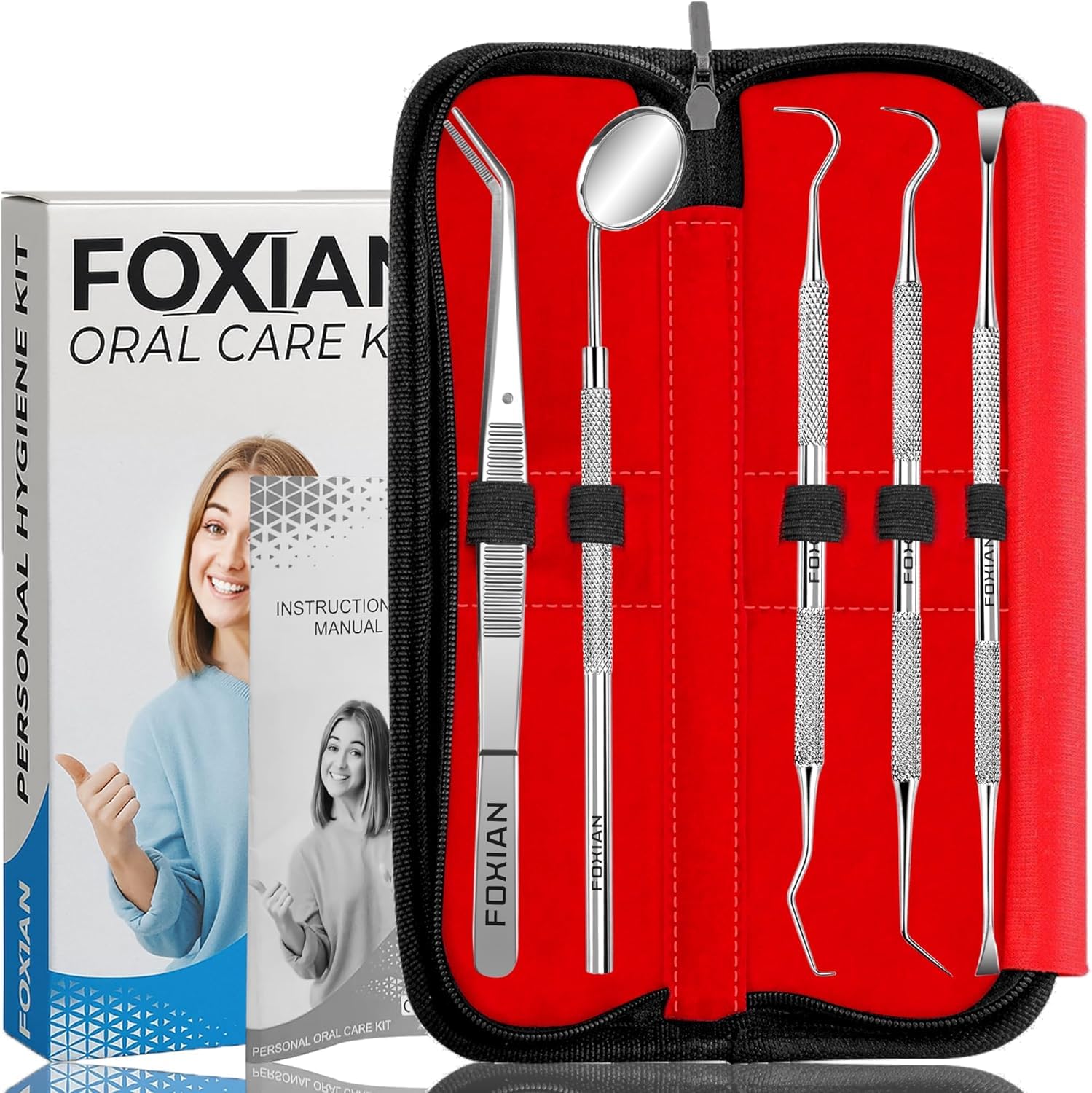 FOXIAN Professional 5 Pcs Oral Plaque Remover for Teeth Stainless Steel Tooth Picks Tartar Cleaner for Teeth Whitening & Oral Care Kit for Men Women Pets (5 Pcs)