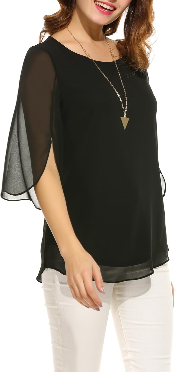 ACEVOG Womens Casual Scoop Neck Loose Top 3/4 Sleeve Chiffon Blouse Shirt Tops: Clothing