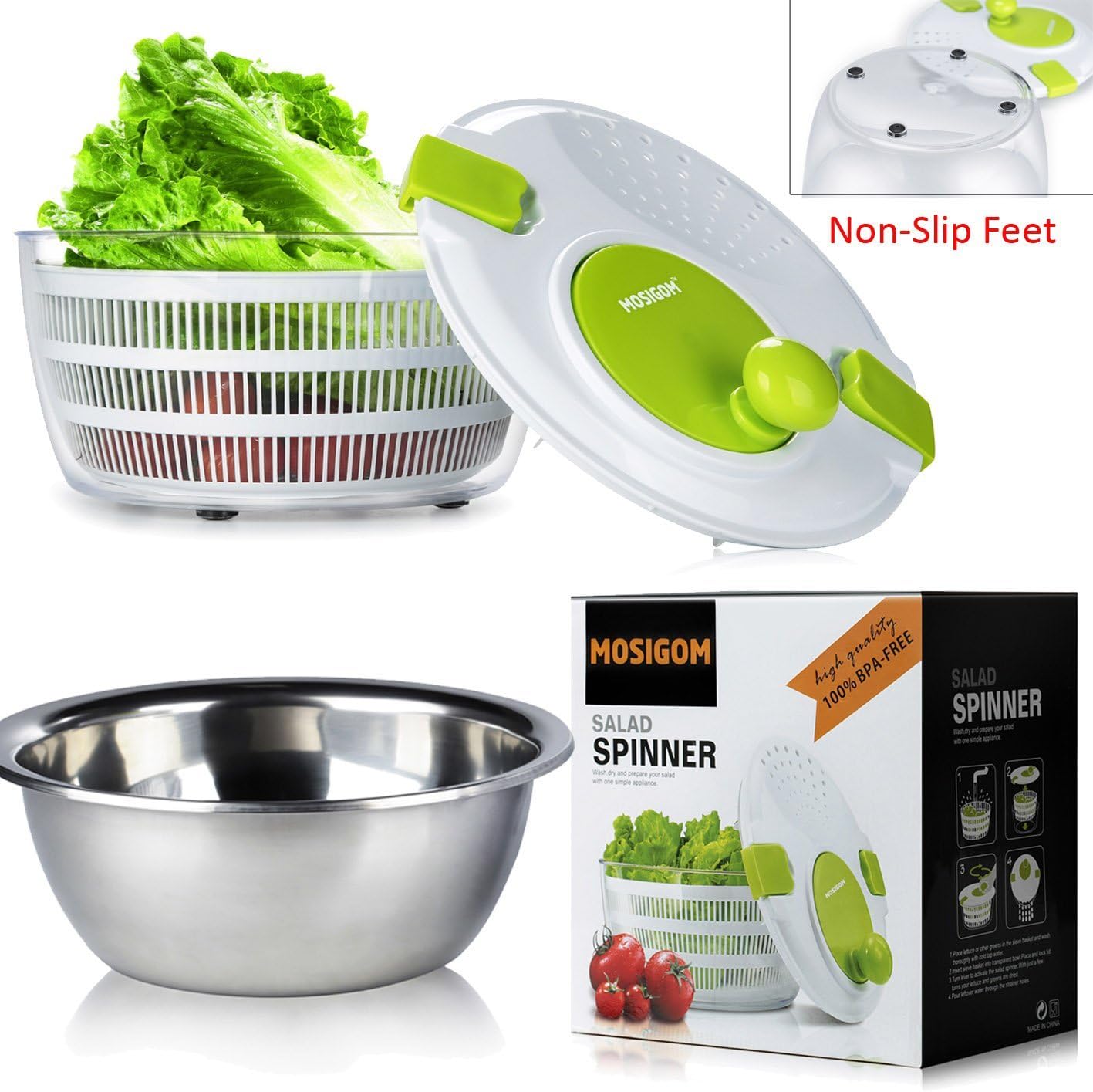 MOSIGOM Extra Large Salad Spinner with Non Slip Feet, Large Stainless