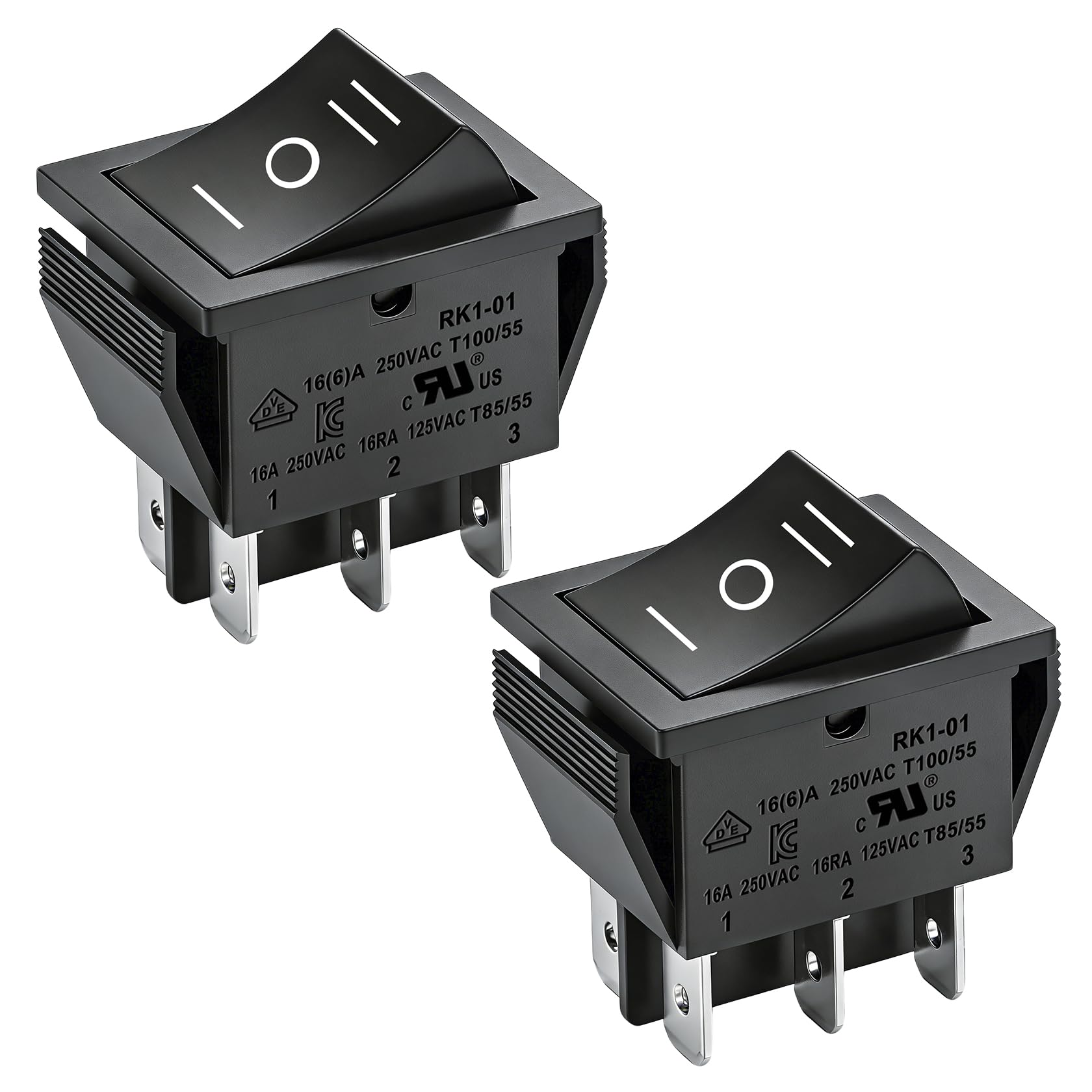 Heschen Rocker Switch ON-OFF-ON DPDT 6 Terminals 16A 250VAC Black 2Pack