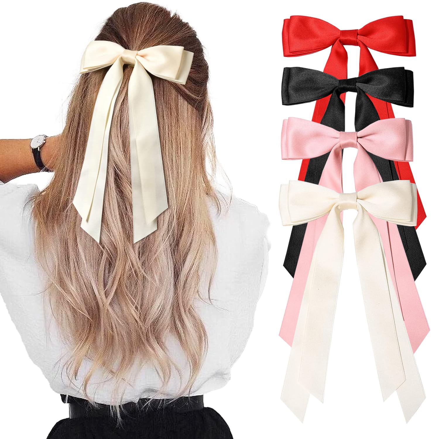 4Pcs Silky Satin Hair Bows Hair Clip Ribbon Ponytail Holder Accessories Slides Metal Clips Hair Bow for Women Girls (Color-M)