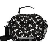 Wamika Bowknot Black Lunch Bag with Shoulder Strap for Kids Boys Girls Teens Bow Tie Lunch Box Woman Tote Bags Water-resistant Insulated Warm Cooler Bag for School Work Office Camp(11x9x5 Inch)