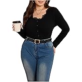 SOLY HUX Women's Plus Size Lace V Neck Long Sleeve T-Shirts Button Slim Fit Going Out Tee Tops