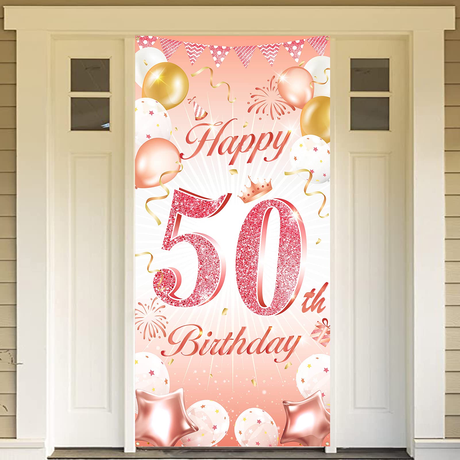 DPKOW Rose Gold 50th Birthday Party Decoration Woman, Rose Gold 50th Birthday Banner for Backdrop Door Decoration for Garden Table Wall, 185 x 90cm Fabric โ image 1