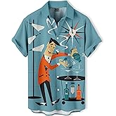 DADDYLOCO Men's Hawaiian Button Down Shirt, Duck Beer Print, Short Sleeve, Navy Blue and Gold