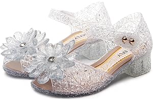 TANDEFLY Flower Pairing Girls Princess Jelly Flats - Sparkly Dress Up Sandals for Cosplay & Parties | Lightweight Ballet Heels for Kids Ages 3-8
