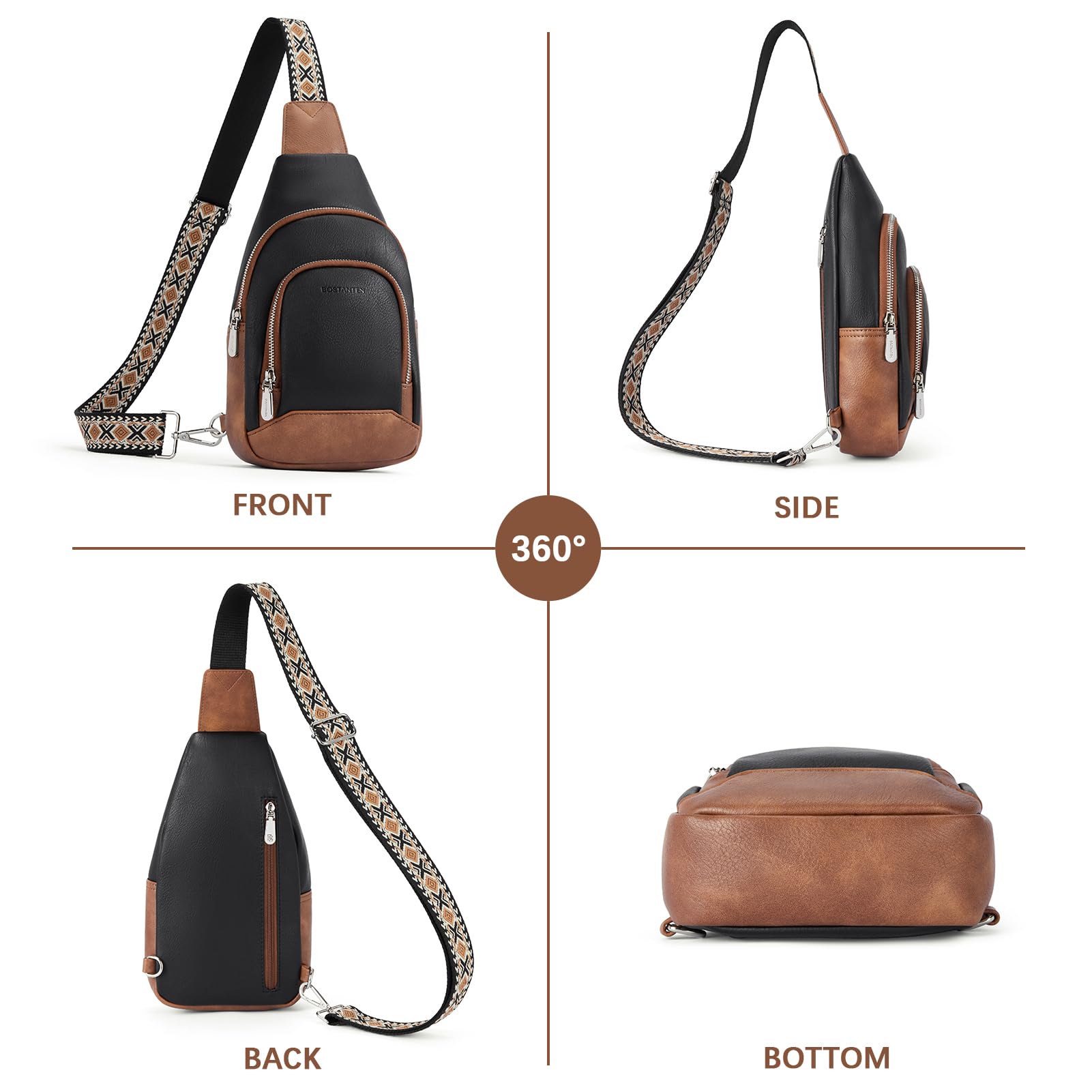 BOSTANTEN Sling Bag for Women Leather Crossbody Bag Vintage Cross Body Purse for Travel with Guitar Strap, Bohemian Style