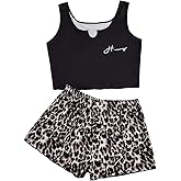 WDIRARA Women's Plus Size Sleepwear Cute Cartoon Print Scalloped Tank Top and Shorts Pajama Set