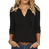 LOMON 3/4 Length Sleeve Womens Tops Pleated Puff Sleeve V Neck Work Blouses for Women Dressy Casual Spring Summer Clothes
