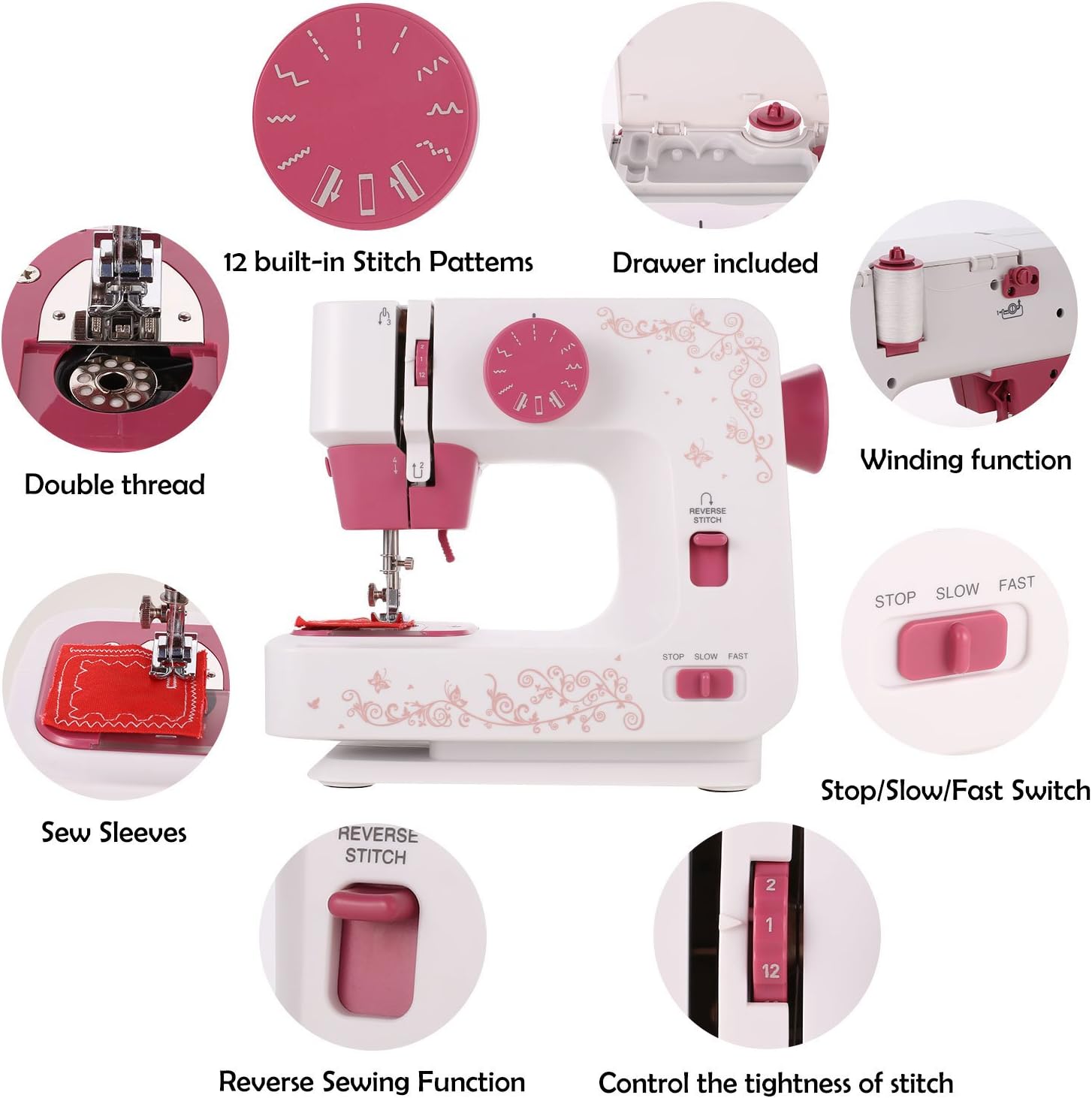 Coocheer Electric Sewing Machine for Beginner Starter 12 Stitches Multifunction 2 Speed Household Home Use Easy Red