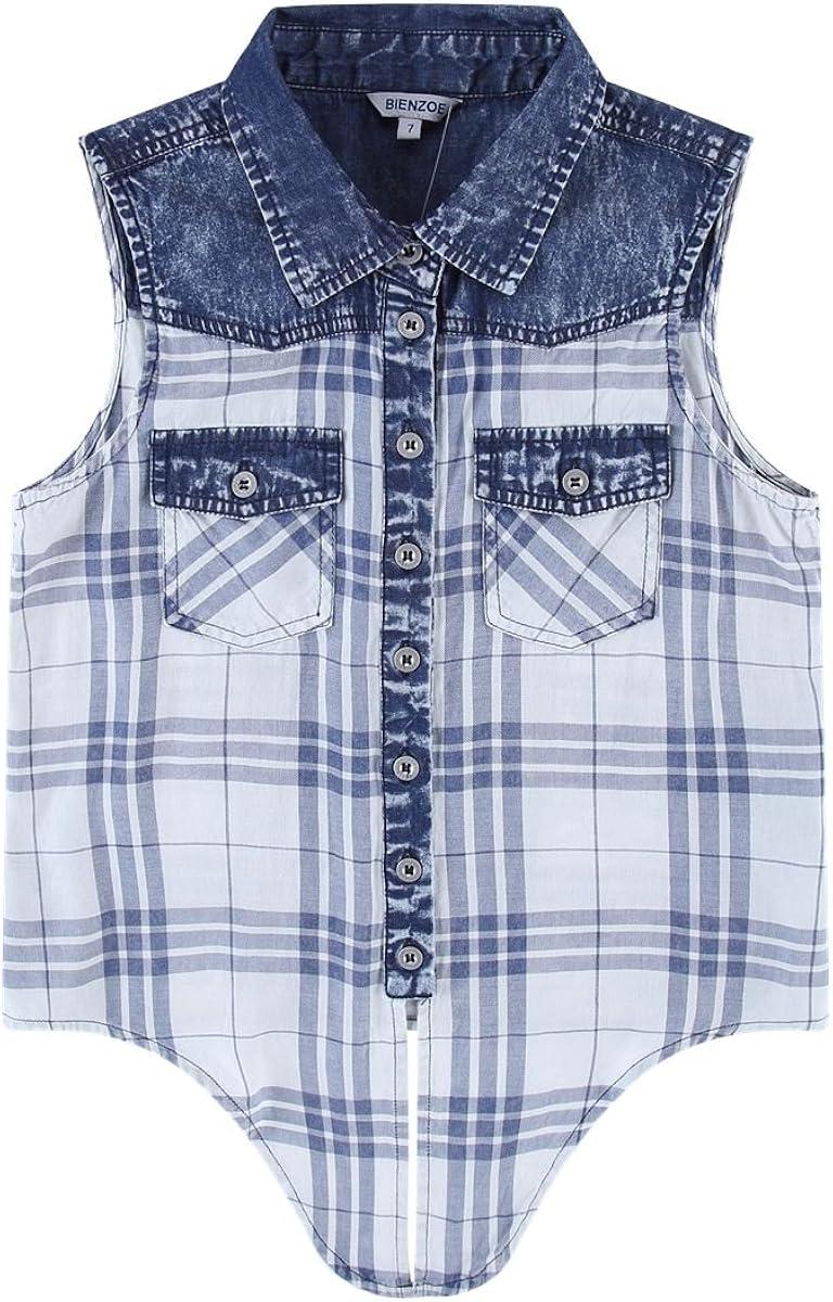 Bienzoe Girl’s Cotton Plaid Denim Sleeveless Tied Casual Blouse: Clothing