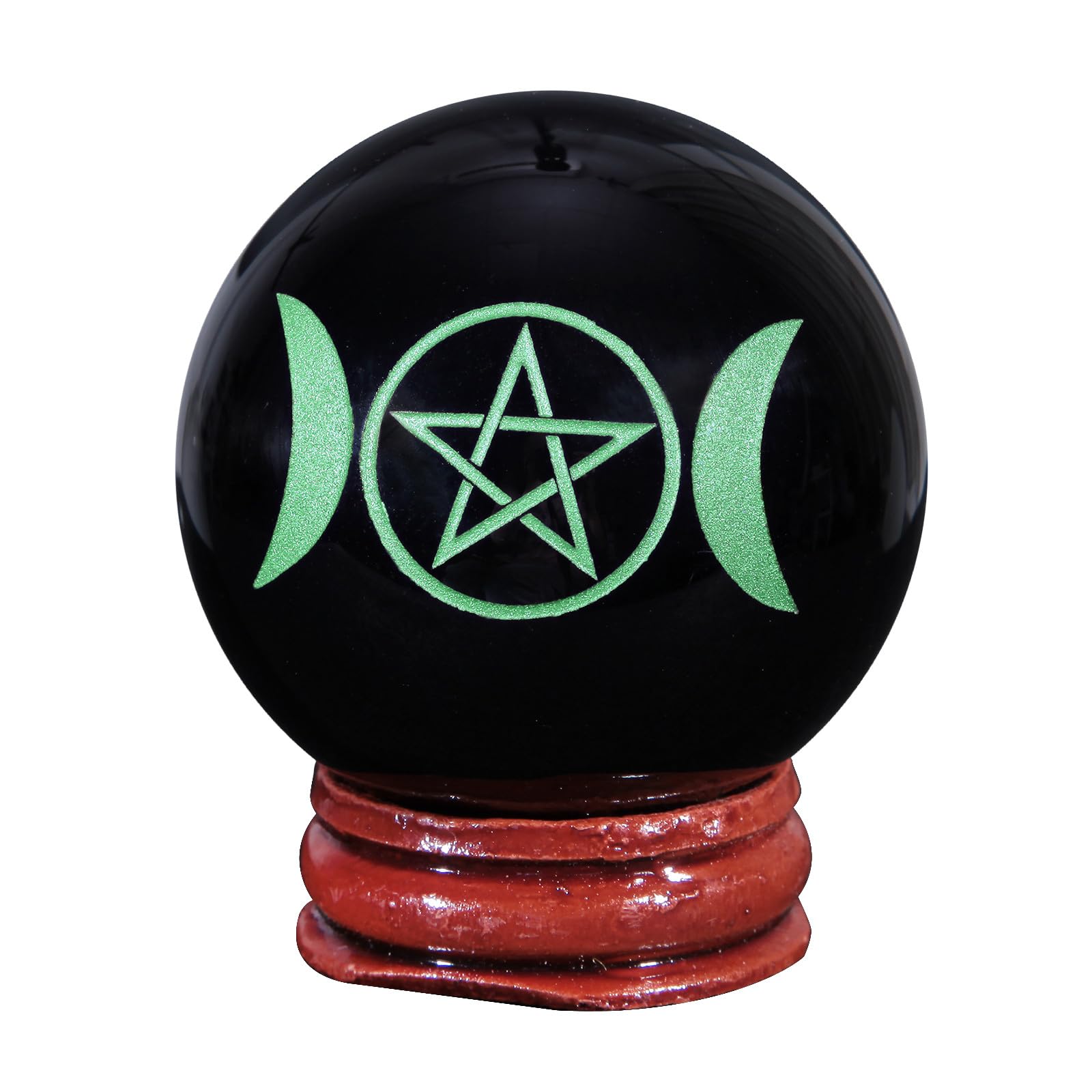 mookaitedecor Engraved Pentagram Symbol Black Obsidian Crystal Ball Sphere Ornament with Wooden Stand, Healing Crystal Stone Wiccan Witchcraft Gifts Reiki Spiritual Room Desk Decor(Green)