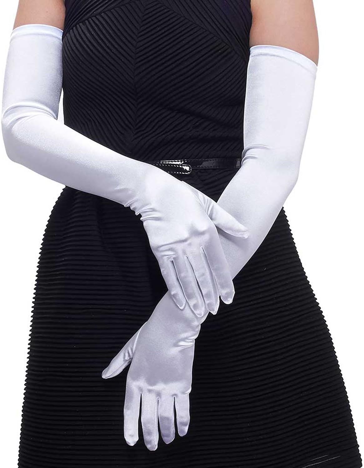 Women's 22'' Long Satin Finger Gloves White Elbow Length 1920s Opera Bridal Dance Gloves For Evening Party Opera Costume, White: Home & Kitchen